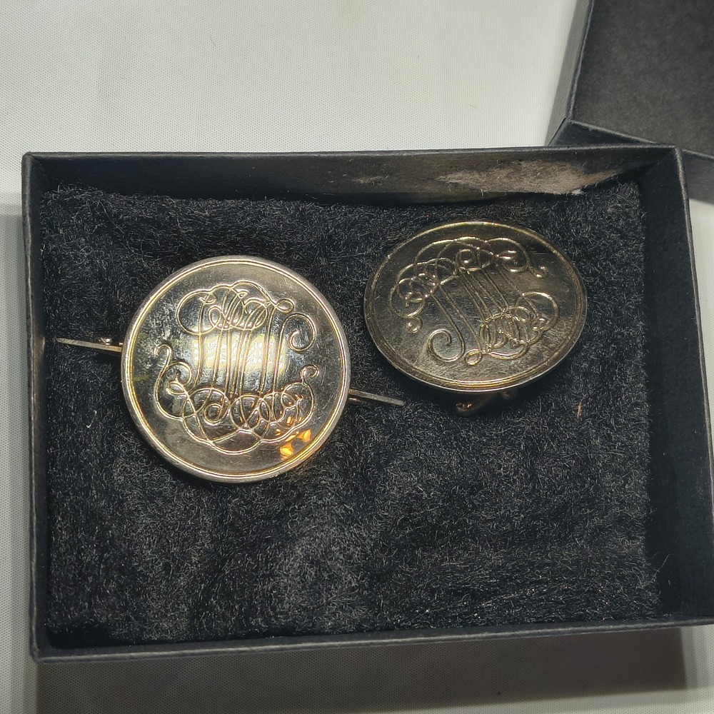 Vintage Monogrammed Silver Tone Brooch & Single Cufflink Set Round Scroll Design